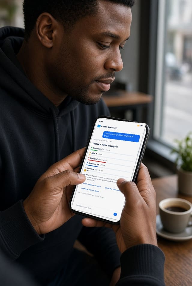 A fleet manager reading today's fleet status — 21 running, 55 stopped, 80.3% not moving — on a phone.