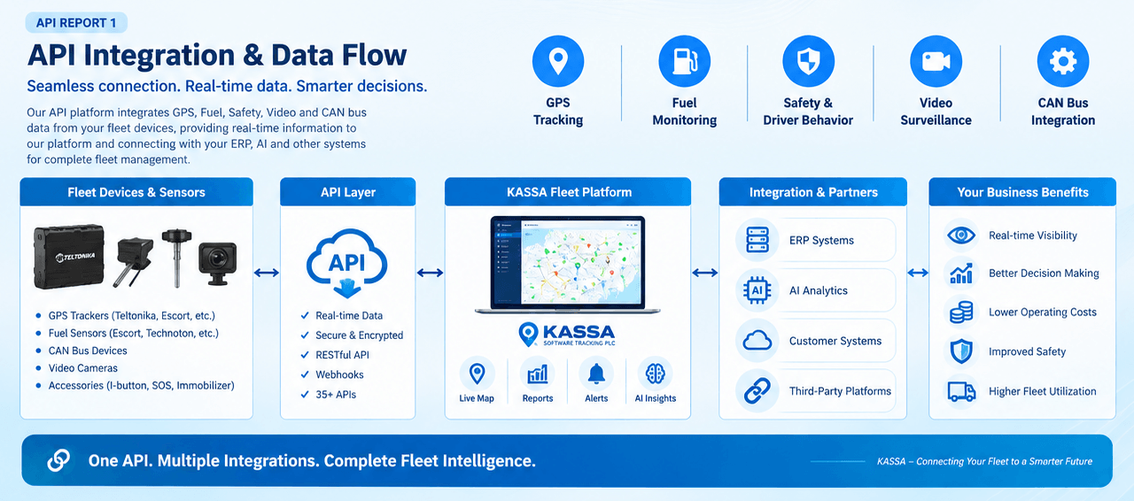 KASSA API data flow: fleet devices and sensors — GPS trackers, fuel sensors, CAN bus devices, video cameras and accessories — feed an API layer offering real-time, encrypted RESTful APIs and webhooks; the KASSA fleet platform sits at the centre with live map, reports, alerts and AI insights; and integrations reach ERP systems, AI analytics, customer systems and third-party platforms, delivering real-time visibility, better decisions, lower operating costs, improved safety and higher fleet utilization.