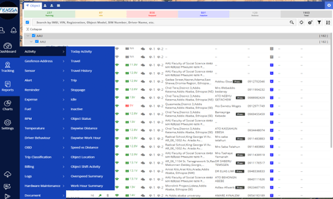 The KASSA reports screen: the report types a fleet manager can run against their own data.