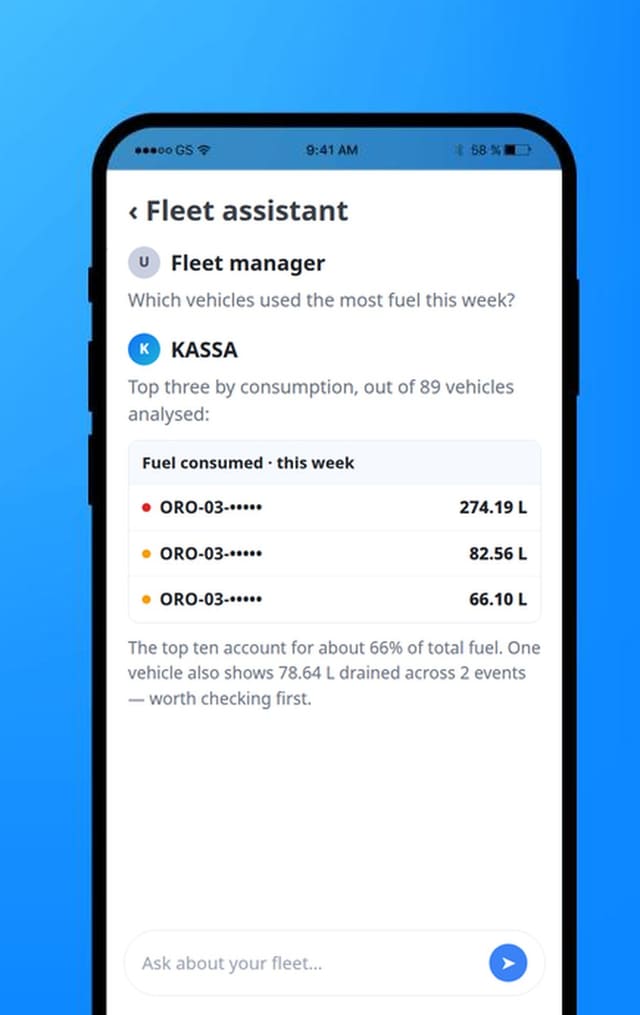 The fleet assistant on a phone, answering which vehicles used the most fuel this week.