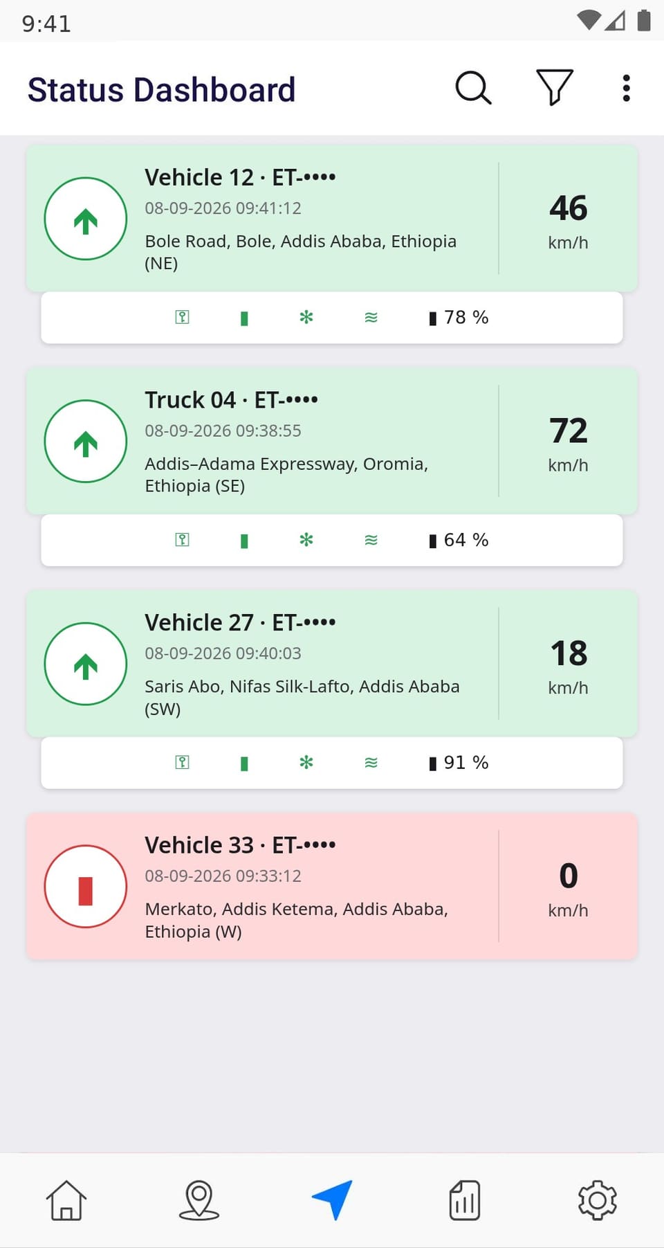 Live status list on a phone: four vehicles in Addis Ababa and on the Addis-Adama expressway with speed, time and battery level.