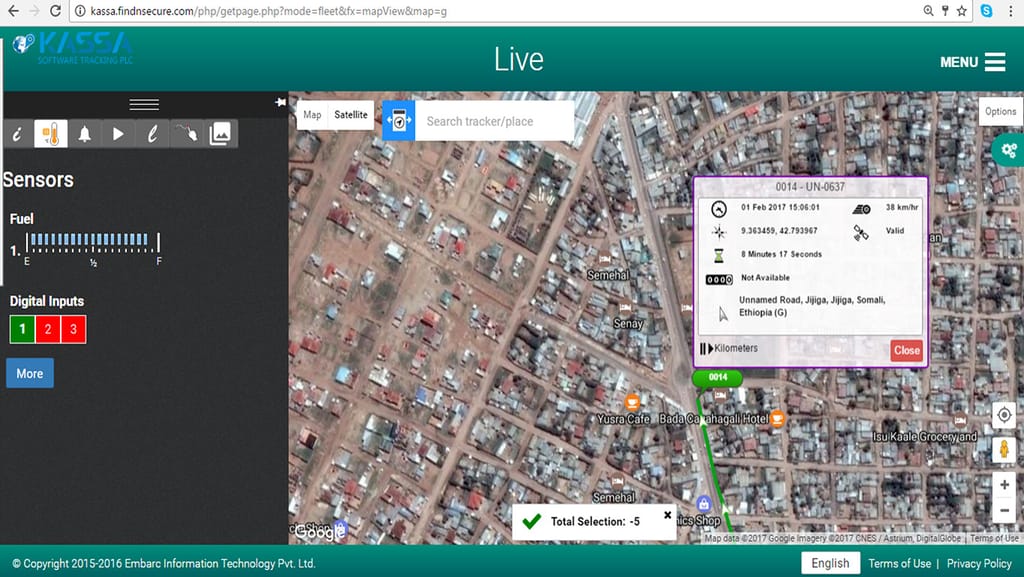 Live fuel report screen of the KASSA fleet management platform