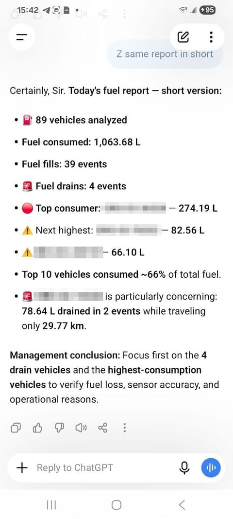 Zio in ChatGPT returning a short fuel report: 89 vehicles analysed, 1,063.68 litres consumed, 39 fills, 4 drains, the top consumers listed, and a conclusion naming the drain vehicles to check first.