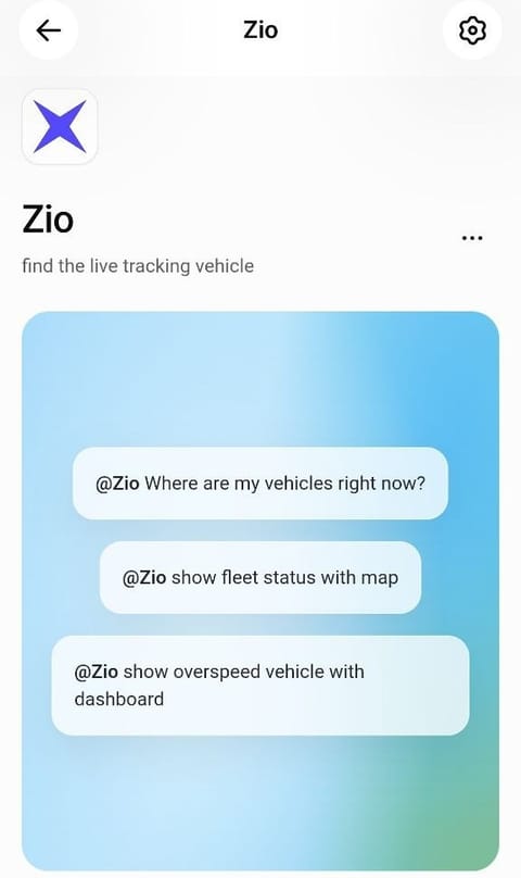 The Zio app page in ChatGPT — “find the live tracking vehicle” — listing example prompts: @Zio Where are my vehicles right now?; @Zio show fleet status with map; @Zio show overspeed vehicle with dashboard.